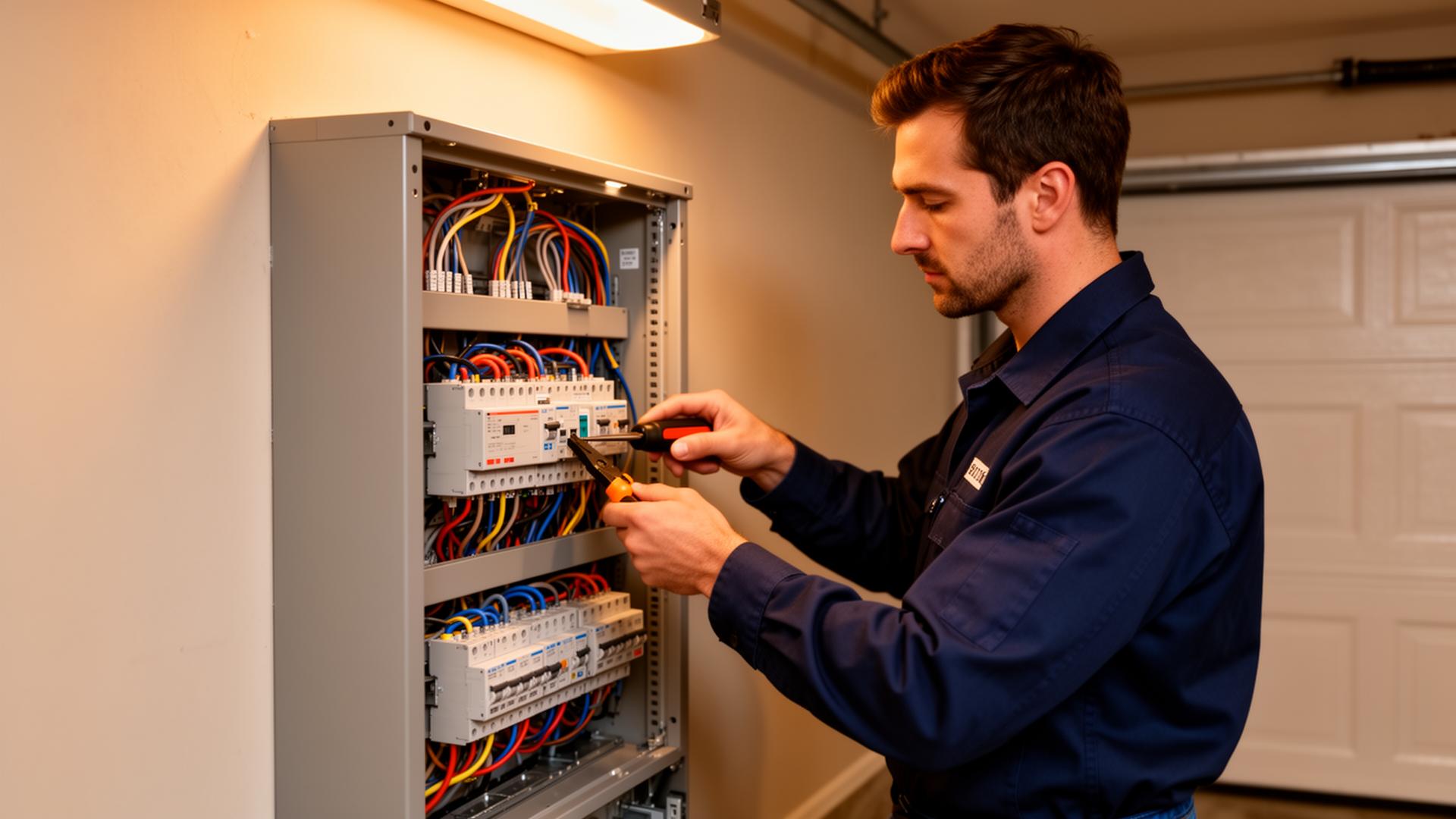 Professional electrician working on residential electrical panel in DeLand, FL